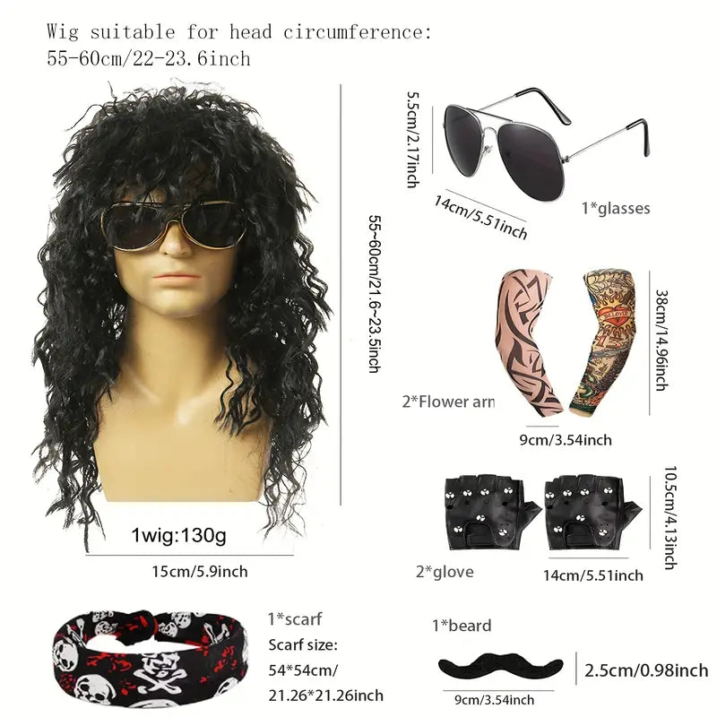 RockRewind - 70s & 80s Heavy Metal Kostuum Set met Pruik en Accessoires - Carnaval Kostuum