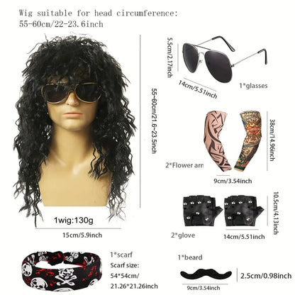 RockRewind - 70s & 80s Heavy Metal Kostuum Set met Pruik en Accessoires - Carnaval Kostuum