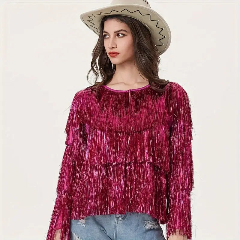 Glimmend HippieVibe - Mouwloze Sequin Tassel Hippie Outfit voor Carnaval