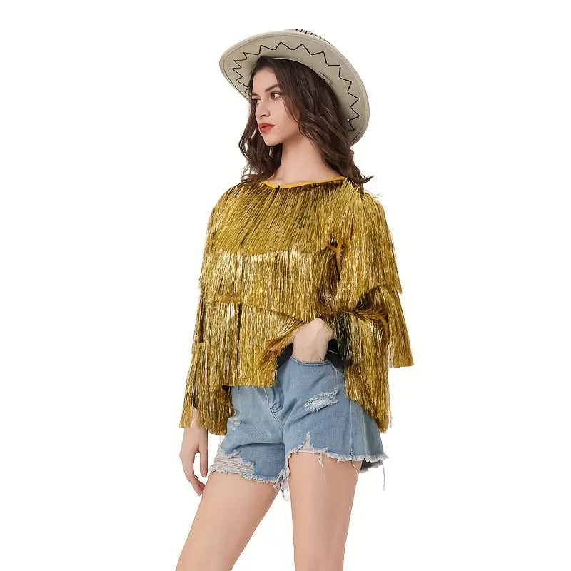 Glimmend HippieVibe - Mouwloze Sequin Tassel Hippie Outfit voor Carnaval