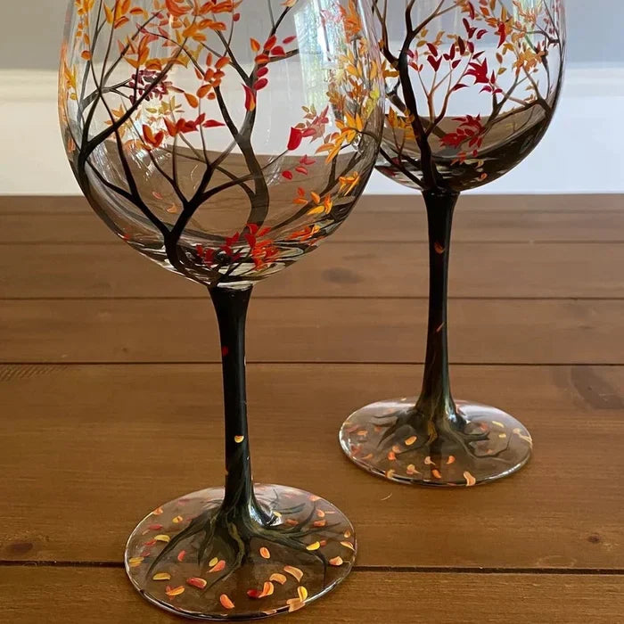 Seizoenen Boom Wijnglazen - Handgeschilderde Kunst in Glas