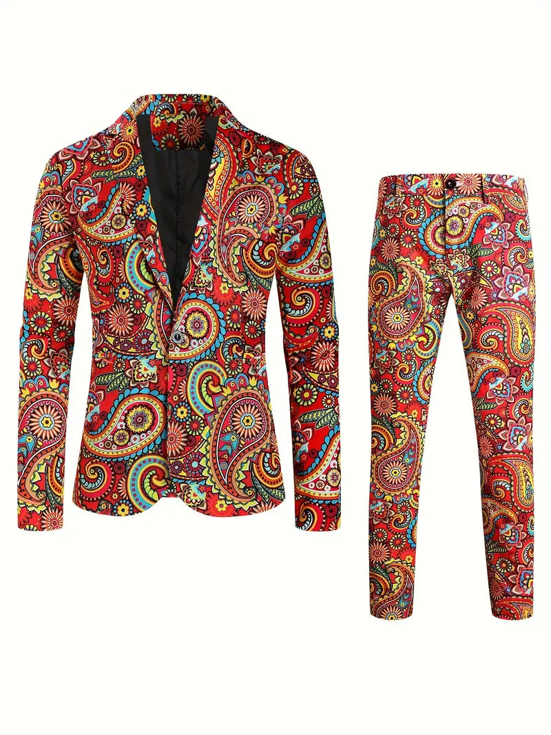 2-delig Heren Blazer & Pakbroek Set met Paisley Patroon - Casual Stijl, Modieuze Print en Comfortabele Pasvorm voor Carnaval