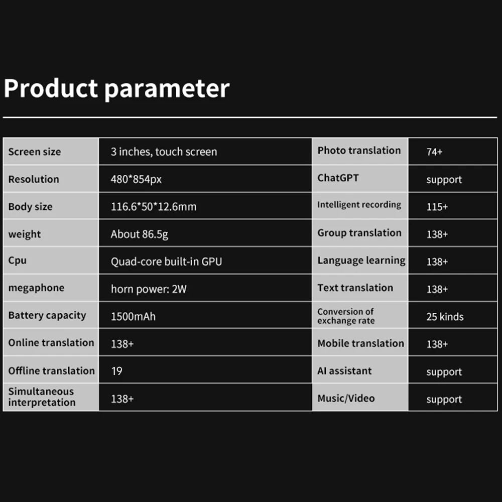 S80 Pro Draagbare Taalvertaler – 138 Talen Stemvertaling, 16 Offline Vertalingen en ChatGPT Functie