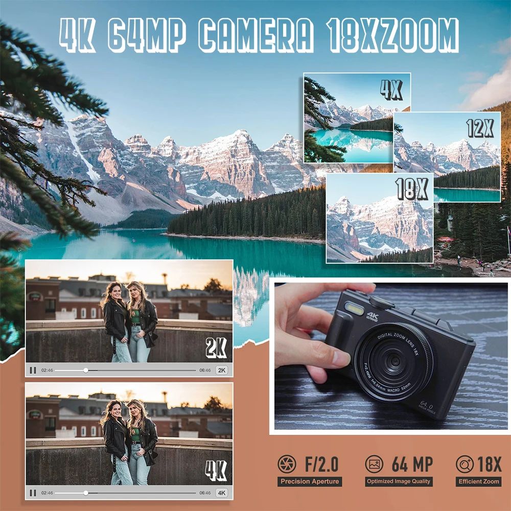 ZoomPro 4K Vlog Camera met 18x Digitale Zoom, 180° Flip Screen en WiFi Webcams - Ideaal voor Vloggen, Selfies en Online Vergaderingen met Duidelijke Beelden