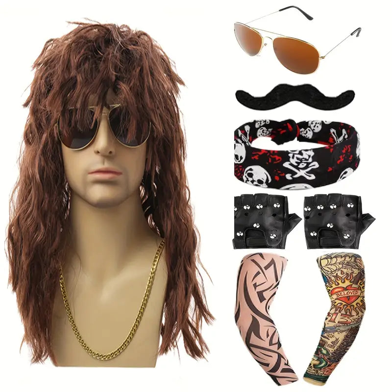 RockRewind - 70s & 80s Heavy Metal Kostuum Set met Pruik en Accessoires - Carnaval Kostuum