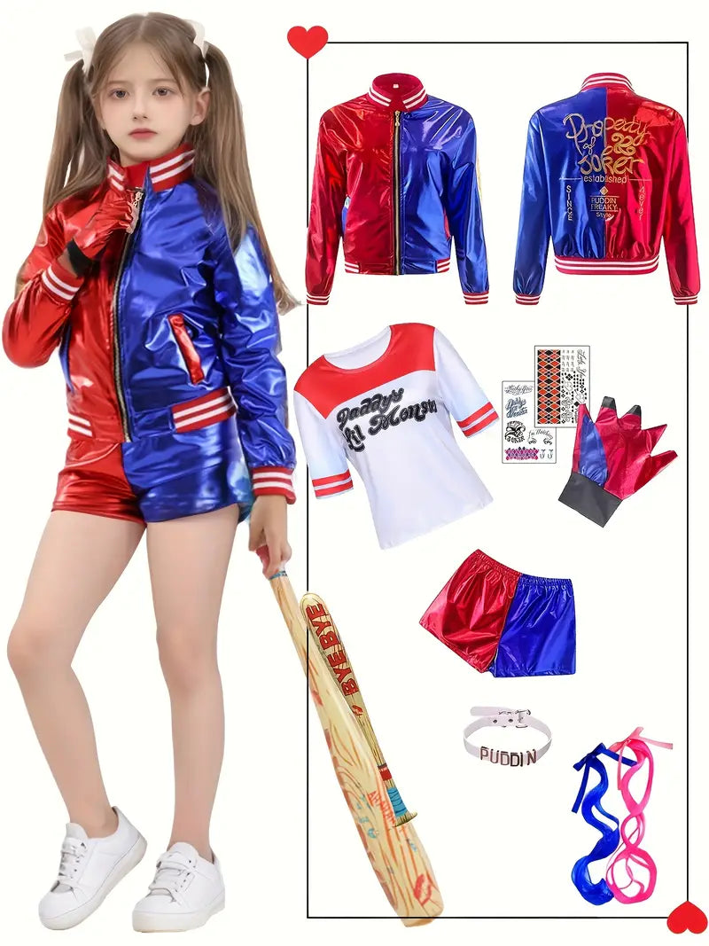 Meisjes Joker Schurk Kostuumset - Kleurrijke Clown Cosplay Outfit  Jas, Gestreept Shirt, Shorts en Accessoires - Perfect voor Carnaval en Themafeesten