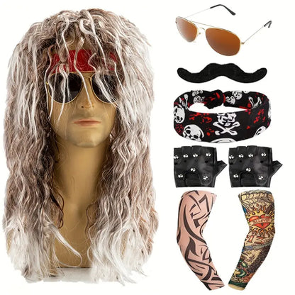 RockRewind - 70s & 80s Heavy Metal Kostuum Set met Pruik en Accessoires - Carnaval Kostuum