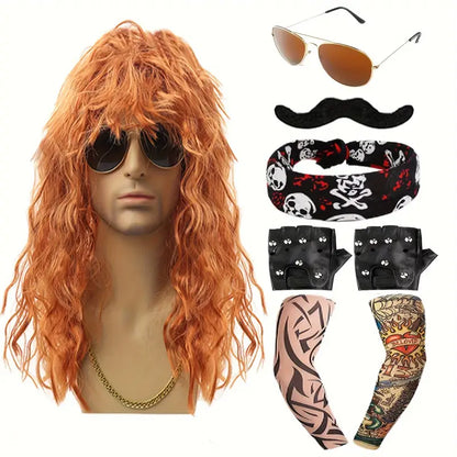 RockRewind - 70s & 80s Heavy Metal Kostuum Set met Pruik en Accessoires - Carnaval Kostuum