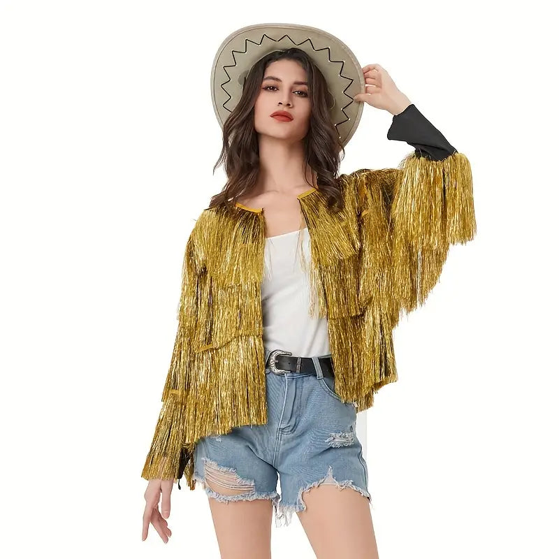 Glimmend HippieVibe - Mouwloze Sequin Tassel Hippie Outfit voor Carnaval