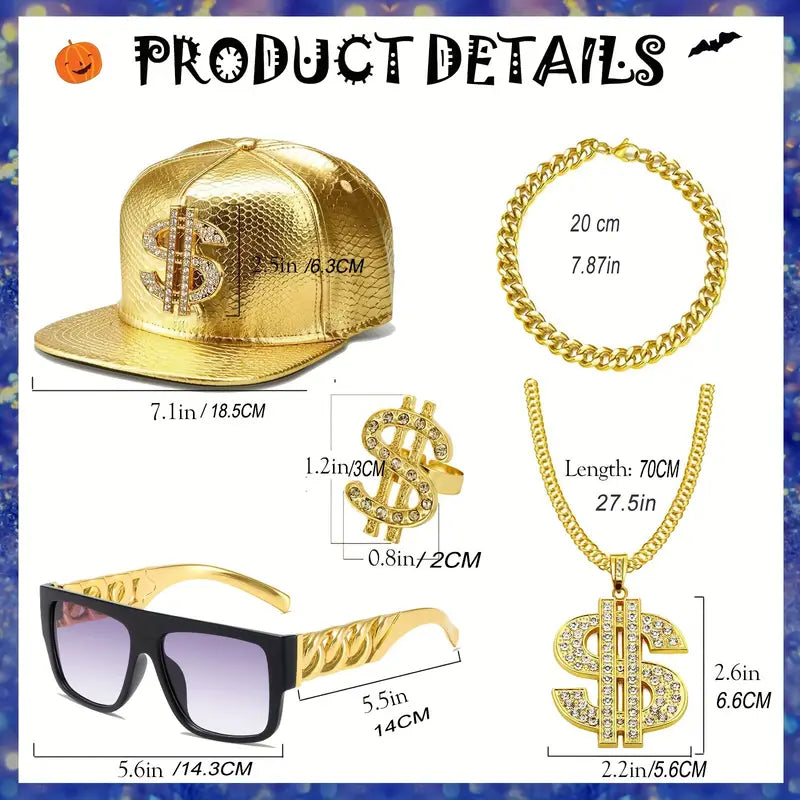 RetroRapper - 5-delige 80s/90s Hip-Hop Accessoireset | Gouden Ketting, Hoed, Bril & Meer - Perfect voor Carnaval & Feesten