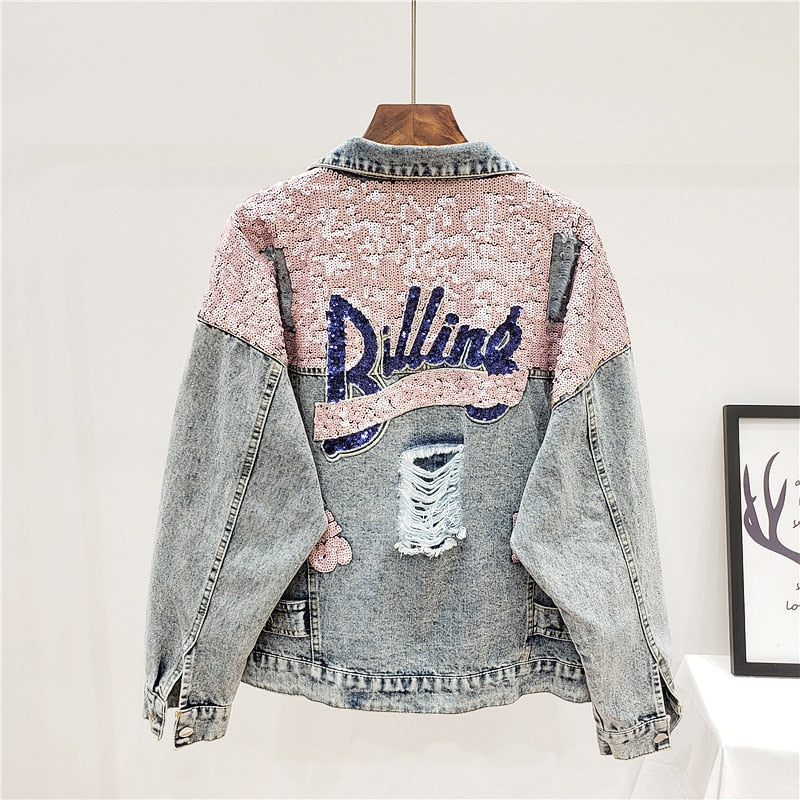 Casual Oversized Glitter Spijkerjasje Voor Dames - Kelly