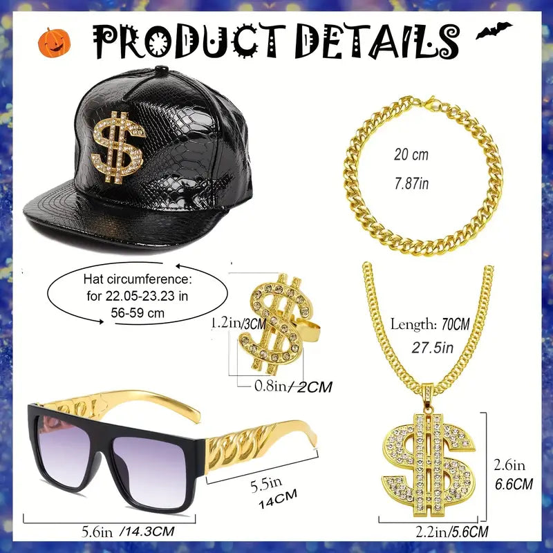 RetroRapper - 5-delige 80s/90s Hip-Hop Accessoireset | Gouden Ketting, Hoed, Bril & Meer - Perfect voor Carnaval & Feesten