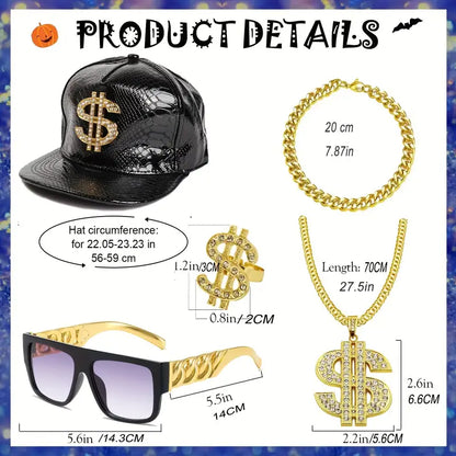 RetroRapper - 5-delige 80s/90s Hip-Hop Accessoireset | Gouden Ketting, Hoed, Bril & Meer - Perfect voor Carnaval & Feesten