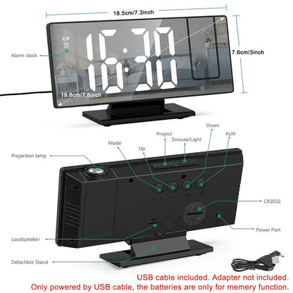 180° Verstelbare LED Projectie Wekker – Snooze, 12/24H Tijd & Temperatuurweergave, Spiegelontwerp – USB Gevoed, Nachtmodus & Geheugenfunctie