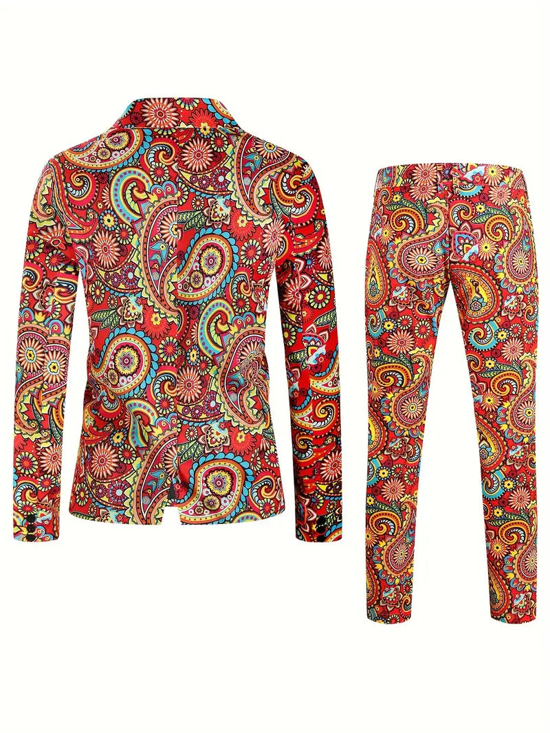 2-delig Heren Blazer & Pakbroek Set met Paisley Patroon - Casual Stijl, Modieuze Print en Comfortabele Pasvorm voor Carnaval