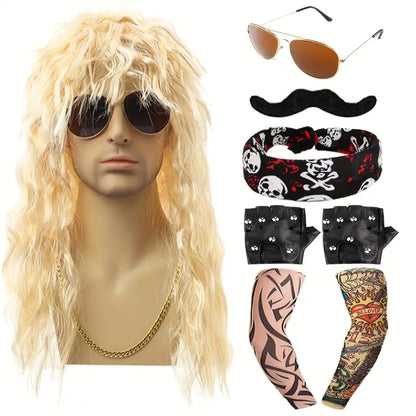 RockRewind - 70s & 80s Heavy Metal Kostuum Set met Pruik en Accessoires - Carnaval Kostuum