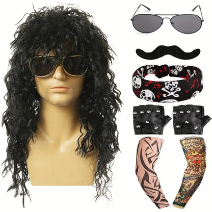 RockRewind - 70s & 80s Heavy Metal Kostuum Set met Pruik en Accessoires - Carnaval Kostuum