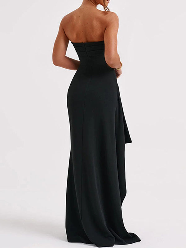 Strapless Zwarte Halter Maxi Jurk Met Hoge Split - Dana