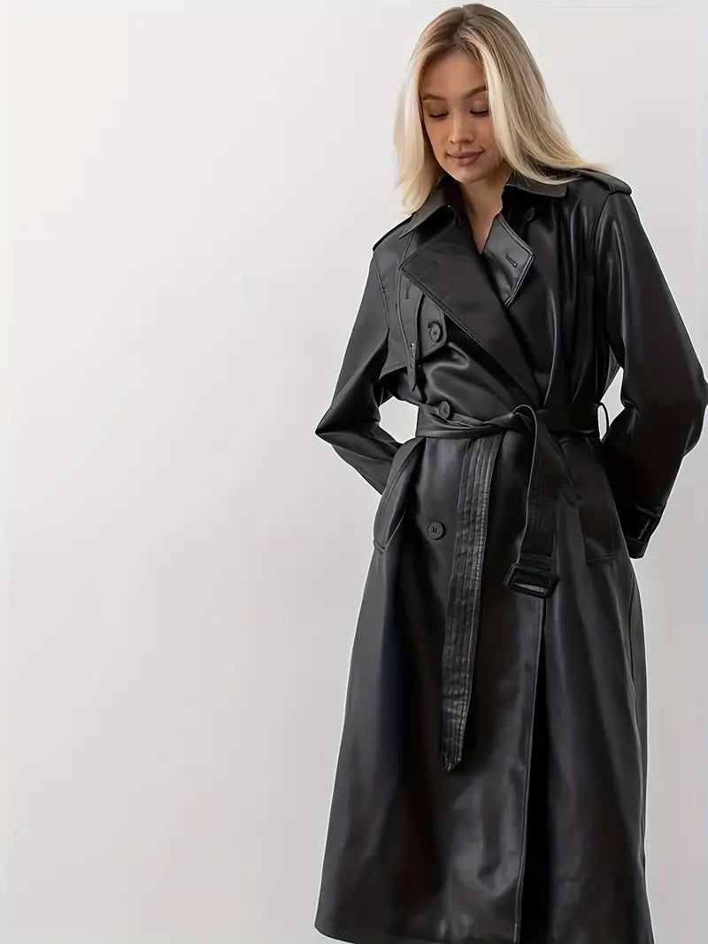 Zwarte Leren Trechcoat Winterjas Voor Dames - GINA