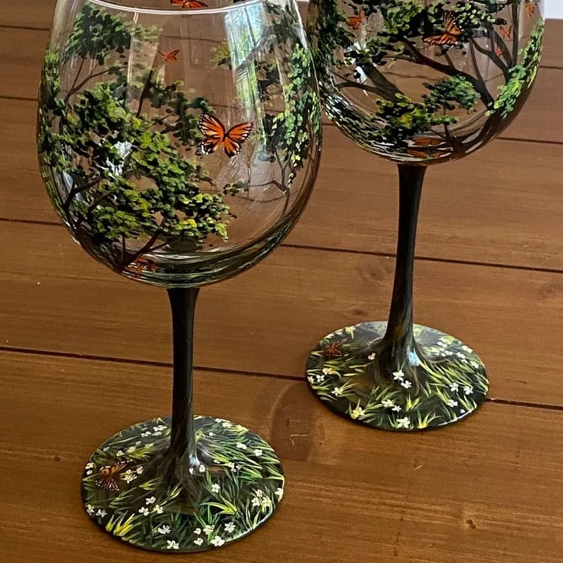 Seizoenen Boom Wijnglazen - Handgeschilderde Kunst in Glas