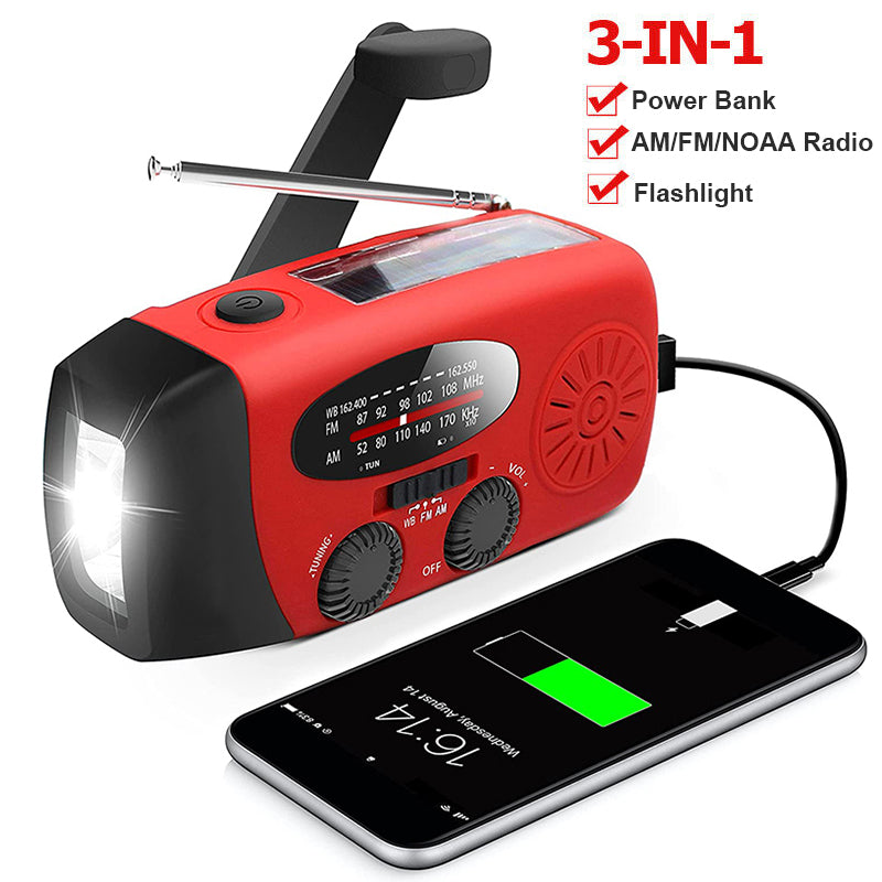 Zelfaangedreven Noodradio – Handopwinder, Solar, Zaklamp & Powerbank – FM/AM Radio, Onmisbaar voor Rampen en Noodgevallen