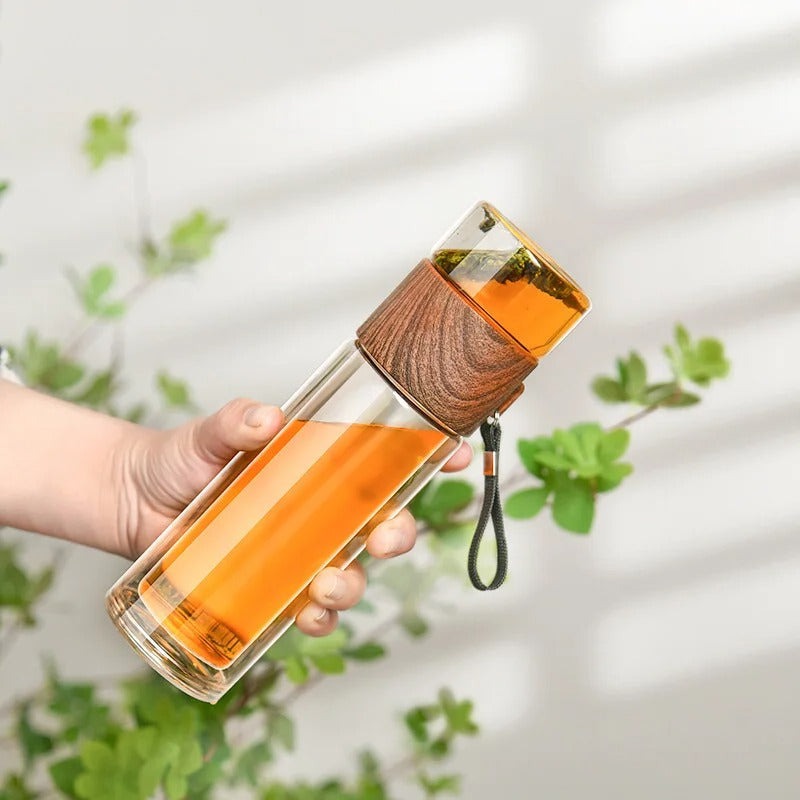 WoodGlass Thermo – Doorzichtige Draagbare Warmhoudfles met Theefilter voor Gezonde Dranken On-the-Go