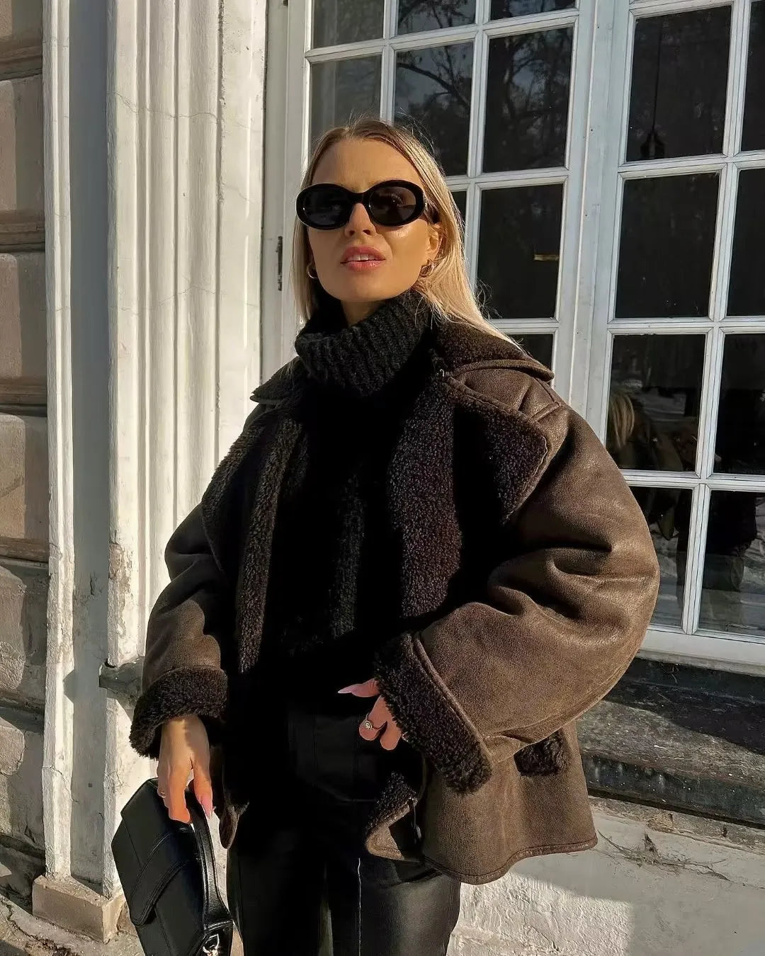 Oversized Bruine Leren Winterjas Met Faux Fur - Mikella