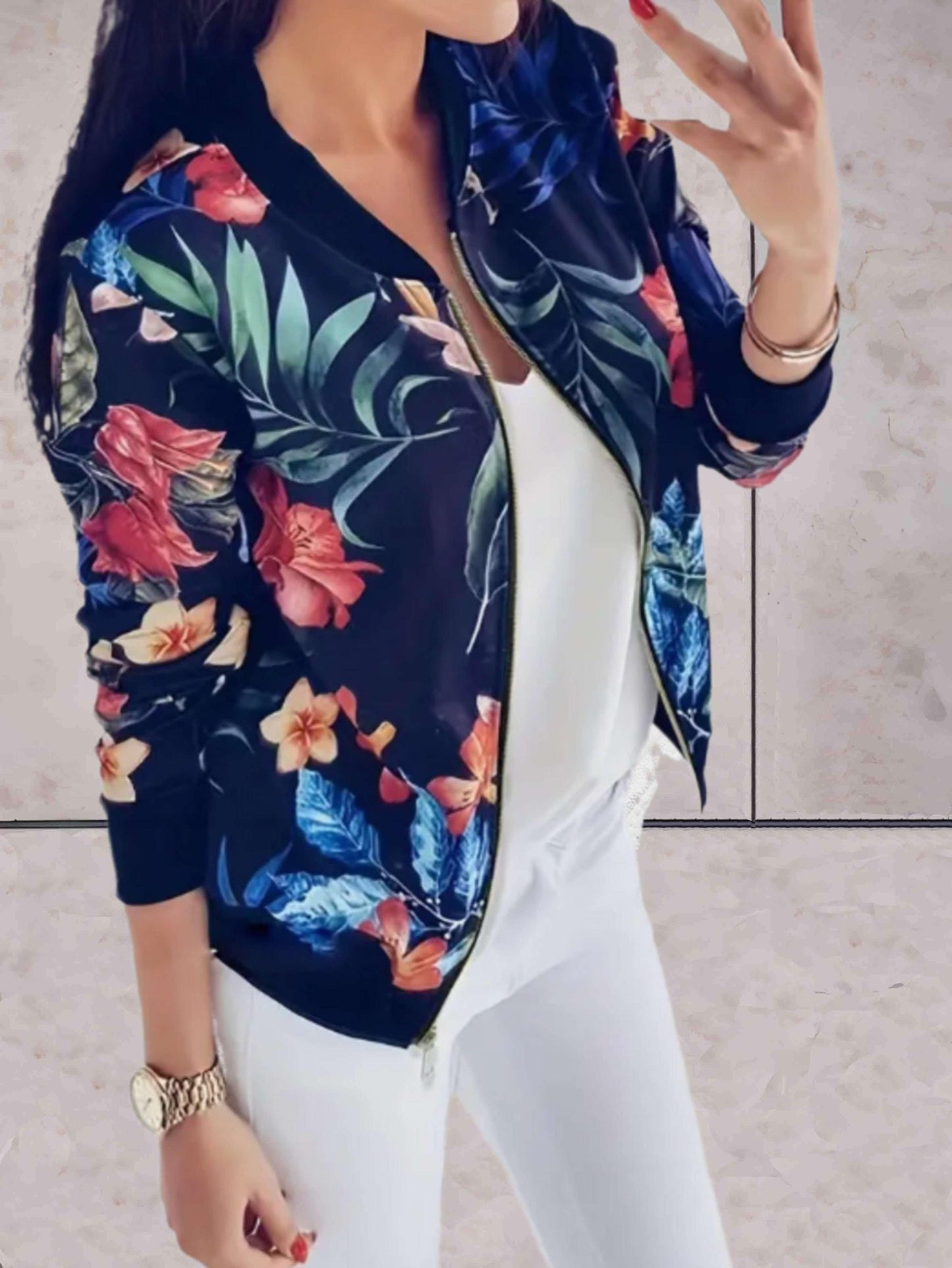 Casual Dames Jasje Met Bloemen Print En Ritssluiting - Madelief