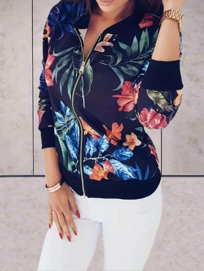 Casual Dames Jasje Met Bloemen Print En Ritssluiting - Madelief