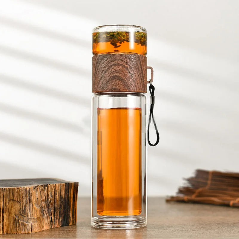 WoodGlass Thermo – Doorzichtige Draagbare Warmhoudfles met Theefilter voor Gezonde Dranken On-the-Go